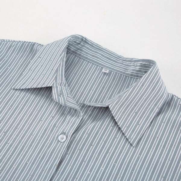 Diamond-embedded Fashion Striped Long Sleeves Shirt