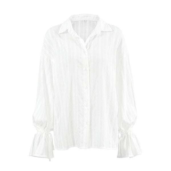 Design Jacquard Tie-neck Flared Sleeves Women's Shirt